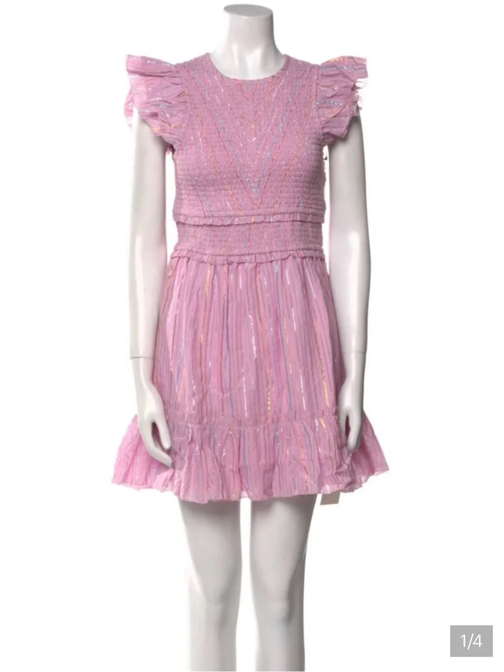 SAYLOR Zinnia Dress in Lurex Stripe -Pink Smocked Ruffle Sleeve Dress - Picture 4 of 7